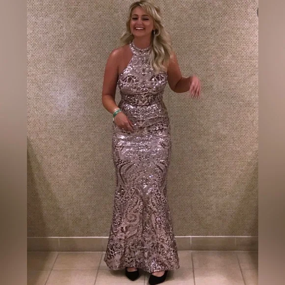 Betsy & Adam Rose Gold Sequined Gown Betsy & Adam Rose Gold Sequined Gown